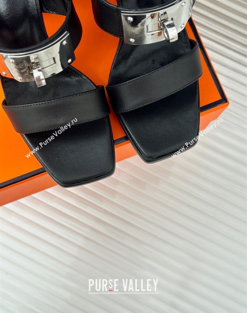 Hermes Ilona High Heel Sandals 9.5cm with Kelly Buckle in Smooth Calfskin Black 2024 0606 (MD-240606046)