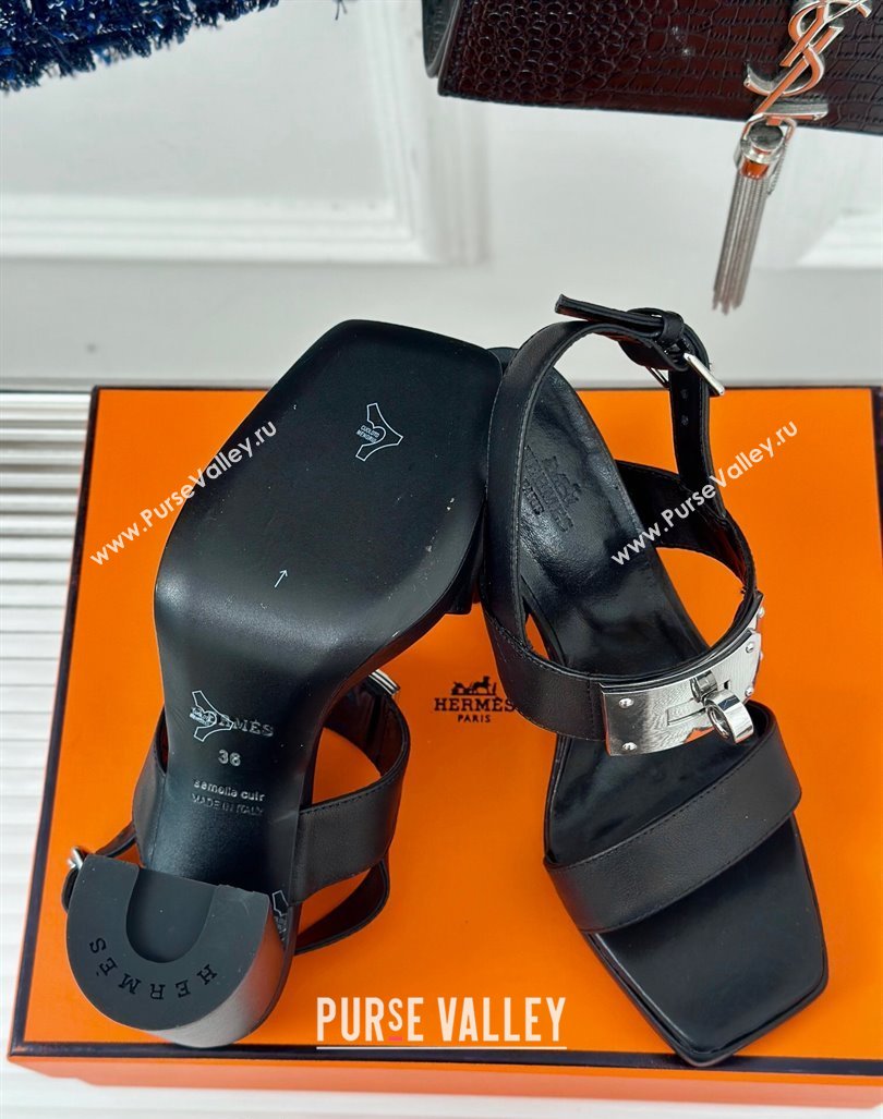 Hermes Ilona High Heel Sandals 9.5cm with Kelly Buckle in Smooth Calfskin Black 2024 0606 (MD-240606046)