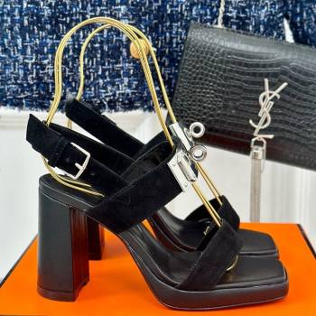 Hermes Ilona High Heel Sandals 9.5cm with Kelly Buckle in Suede Black 2024 0606 (MD-240606050)