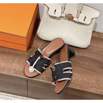 Hermes Oasis Heel Slide Sandals 5cm in Fringe Denim Black 2024 0606 (MD-240606001)