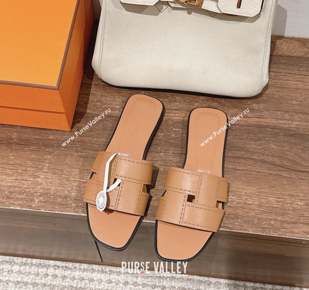 Hermes Idioma Flat Slide Sandals in Calfskin with "Mosaique" Motif Light Brown 2024 (MD-240606006)