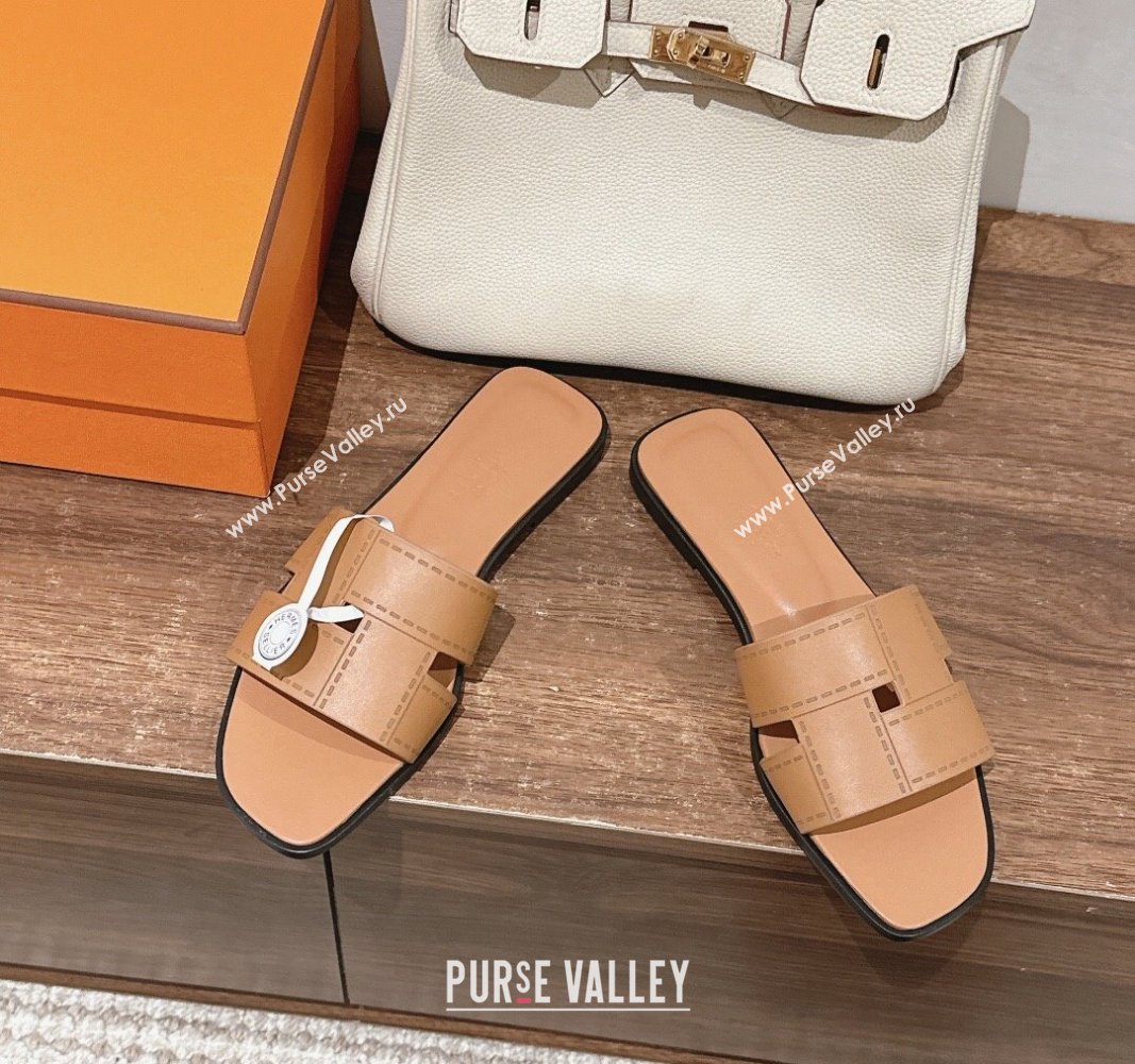 Hermes Idioma Flat Slide Sandals in Calfskin with "Mosaique" Motif Light Brown 2024 (MD-240606006)