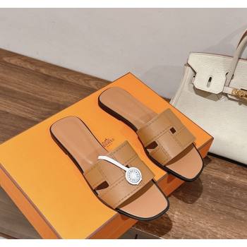 Hermes Idioma Flat Slide Sandals in Calfskin with "Mosaique" Motif Light Brown 2024 (MD-240606006)