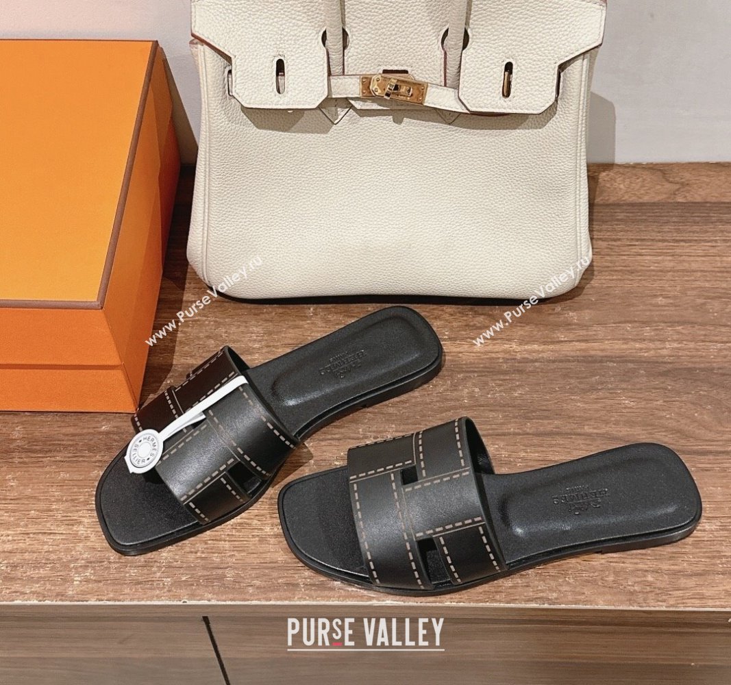 Hermes Idioma Flat Slide Sandals in Calfskin with "Mosaique" Motif Black 2024 (MD-240606007)