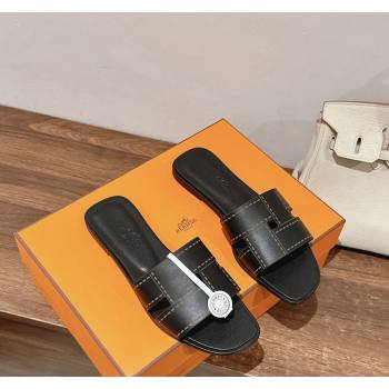 Hermes Idioma Flat Slide Sandals in Calfskin with "Mosaique" Motif Black 2024 (MD-240606007)