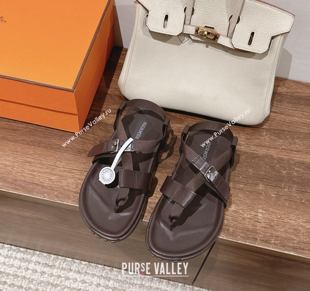 Hermes Inboard Flat Sandals with Buckle in Nappa Leather Brown 2024 0703 (MD-240703009)