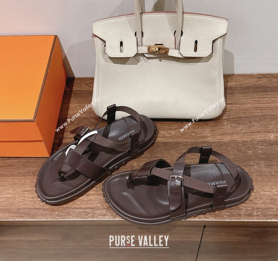 Hermes Inboard Flat Sandals with Buckle in Nappa Leather Brown 2024 0703 (MD-240703009)