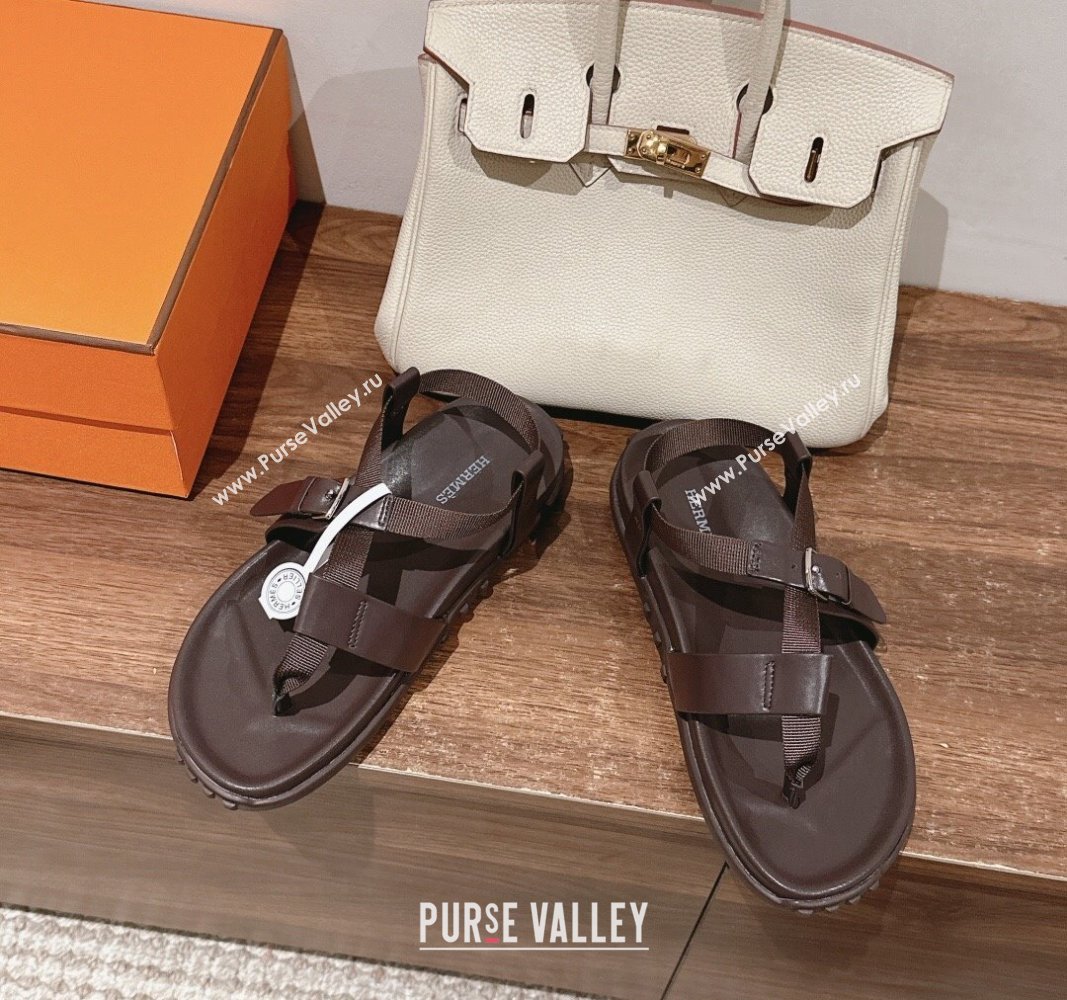 Hermes Inboard Flat Sandals with Buckle in Nappa Leather Brown 2024 0703 (MD-240703009)