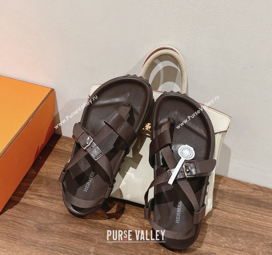 Hermes Inboard Flat Sandals with Buckle in Nappa Leather Brown 2024 0703 (MD-240703009)