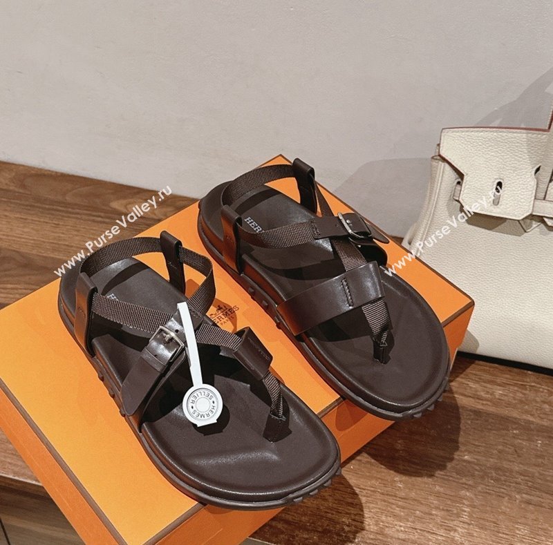 Hermes Inboard Flat Sandals with Buckle in Nappa Leather Brown 2024 0703 (MD-240703009)