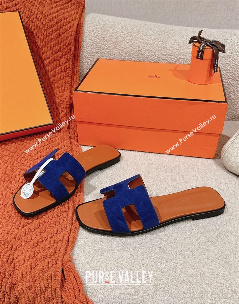 Hermes Classic Oran Flat Slide Sandals in Suede Blue 2024 0703 (MD-240703002)