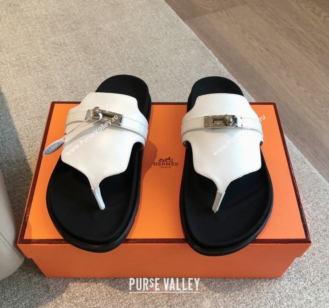 Hermes Empire Thong Slide Sandal in Calfskin with Kelly Buckle White 2024 (XC-240703010)