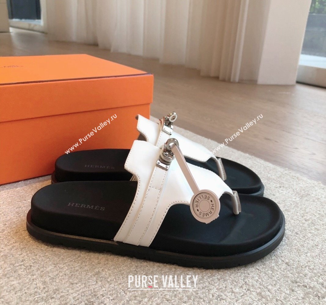 Hermes Empire Thong Slide Sandal in Calfskin with Kelly Buckle White 2024 (XC-240703010)