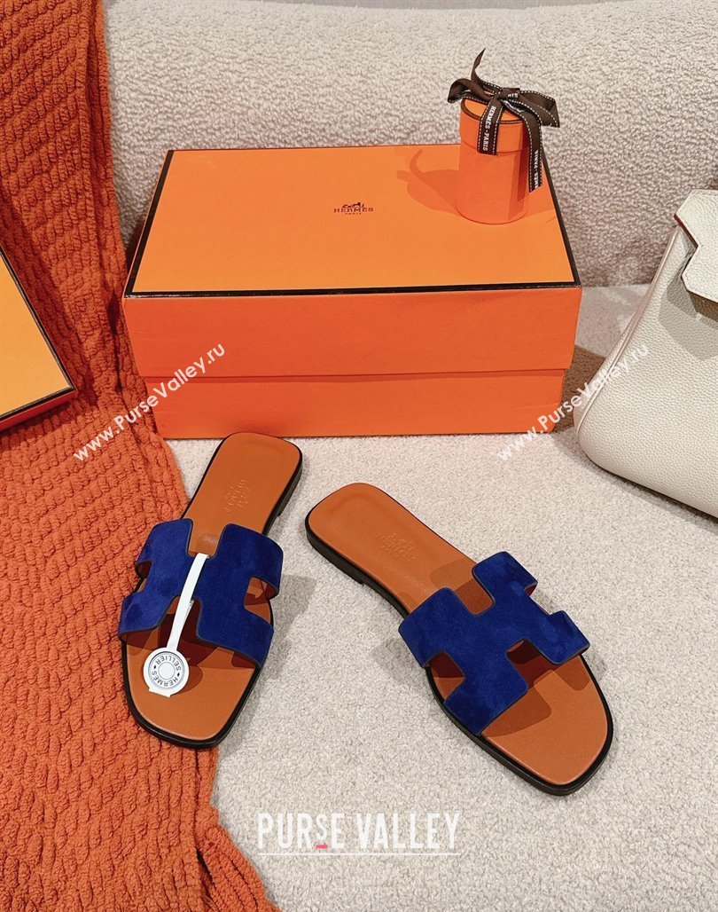 Hermes Classic Oran Flat Slide Sandals in Suede Blue 2024 0703 (MD-240703002)