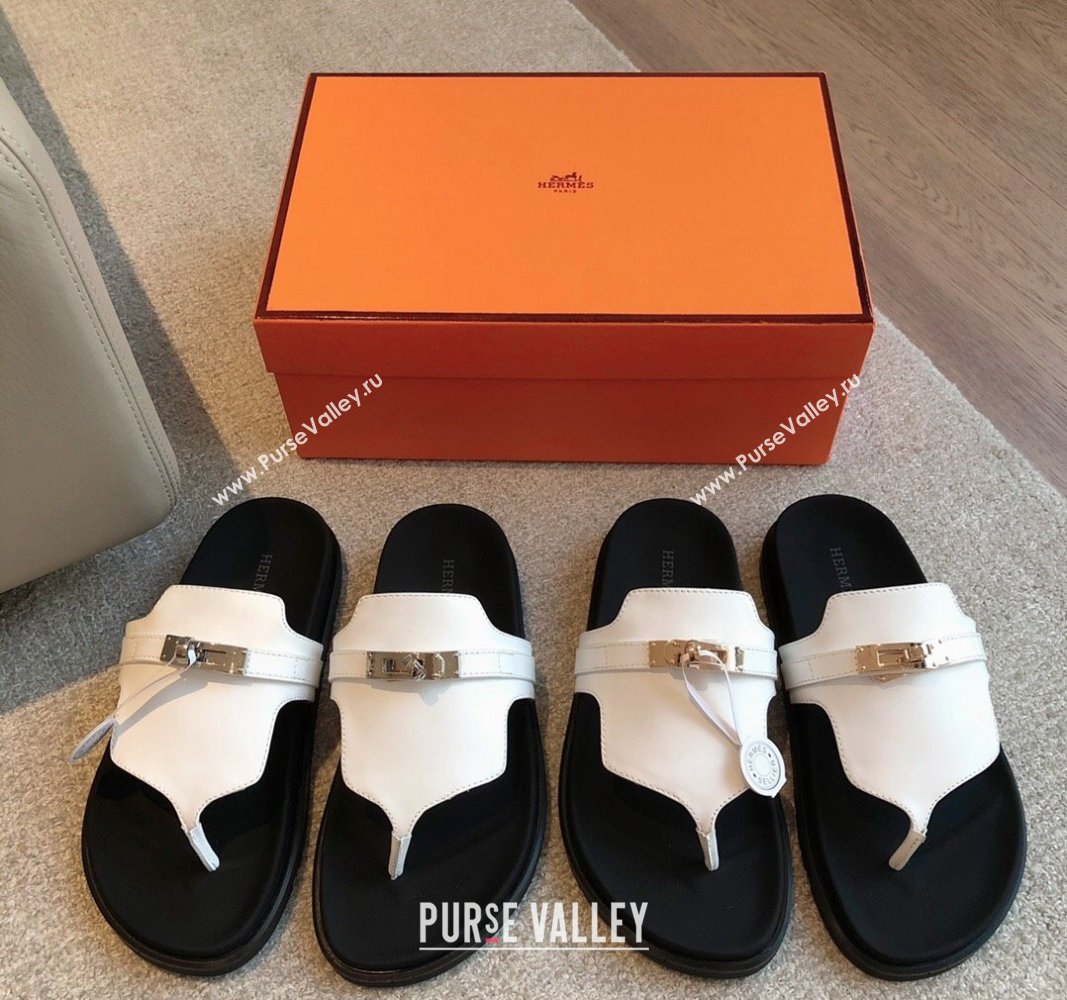 Hermes Empire Thong Slide Sandal in Calfskin with Kelly Buckle White 2024 (XC-240703010)