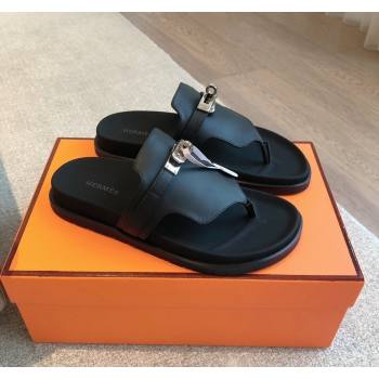 Hermes Empire Thong Slide Sandal in Calfskin with Kelly Buckle Black 2024 (XC-240703011)