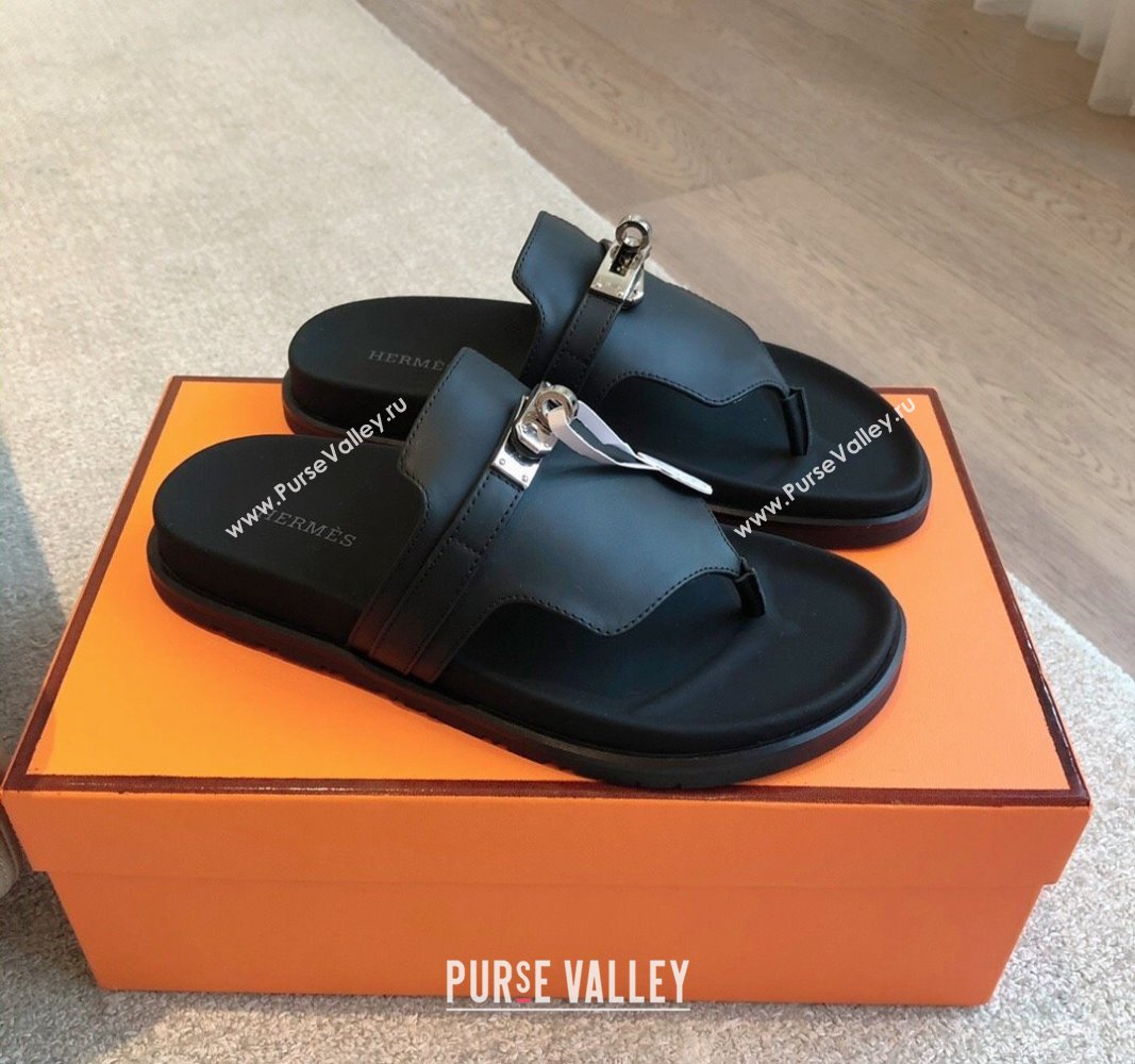 Hermes Empire Thong Slide Sandal in Calfskin with Kelly Buckle Black 2024 (XC-240703011)