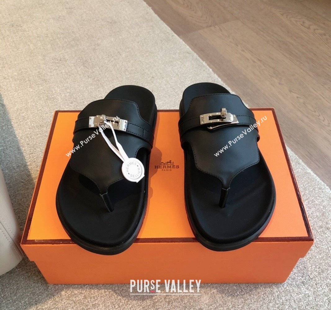 Hermes Empire Thong Slide Sandal in Calfskin with Kelly Buckle Black 2024 (XC-240703011)