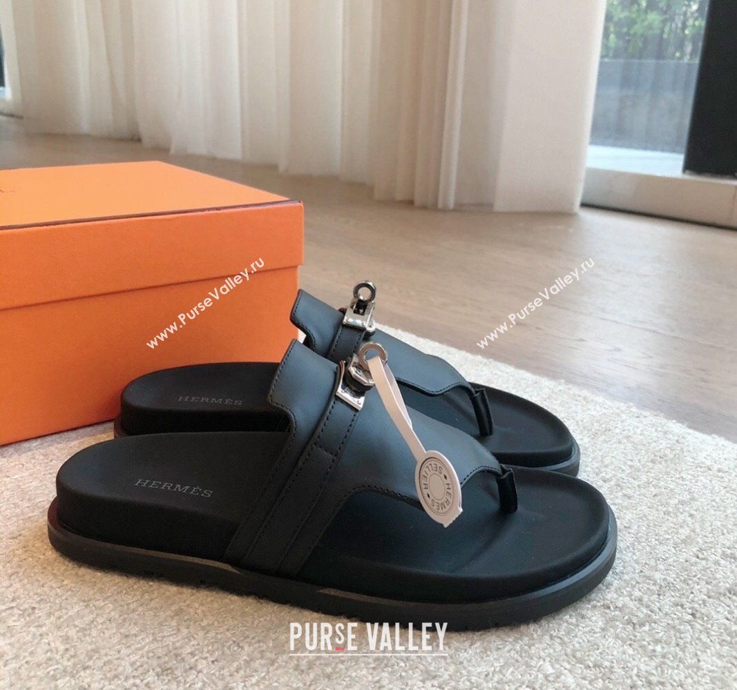 Hermes Empire Thong Slide Sandal in Calfskin with Kelly Buckle Black 2024 (XC-240703011)