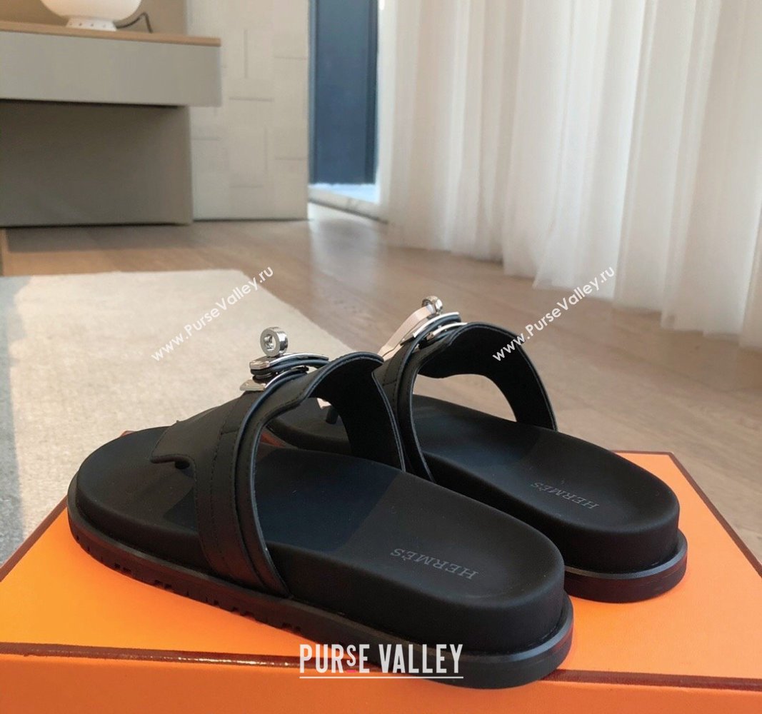 Hermes Empire Thong Slide Sandal in Calfskin with Kelly Buckle Black 2024 (XC-240703011)