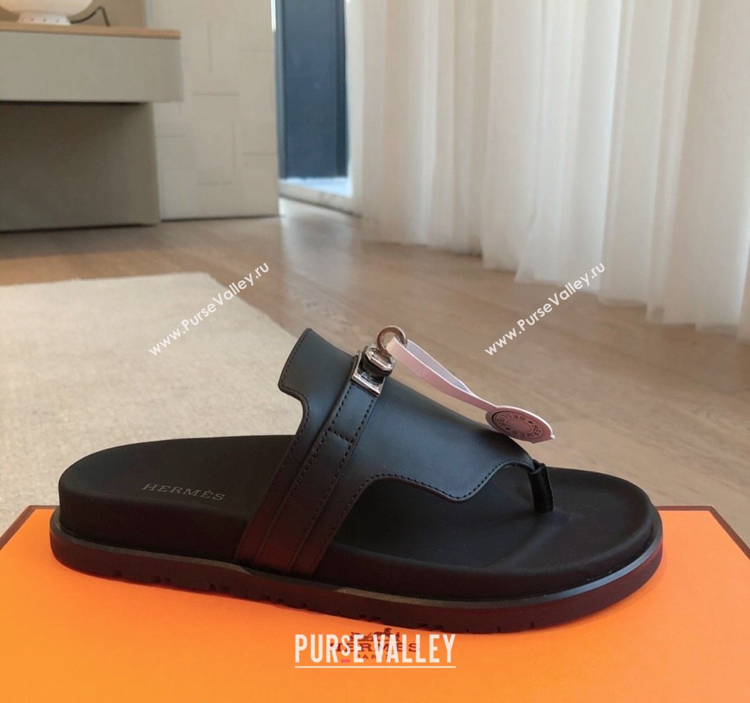 Hermes Empire Thong Slide Sandal in Calfskin with Kelly Buckle Black 2024 (XC-240703011)