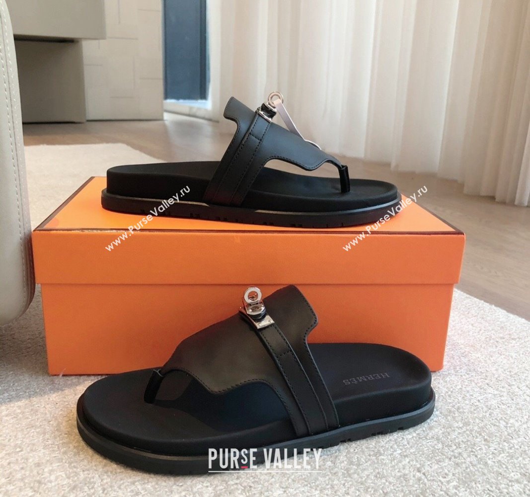 Hermes Empire Thong Slide Sandal in Calfskin with Kelly Buckle Black 2024 (XC-240703011)