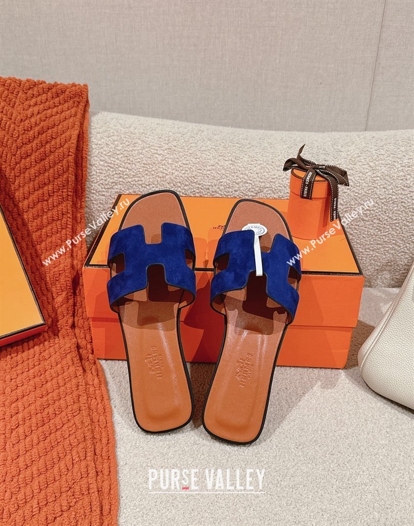 Hermes Classic Oran Flat Slide Sandals in Suede Blue 2024 0703 (MD-240703002)