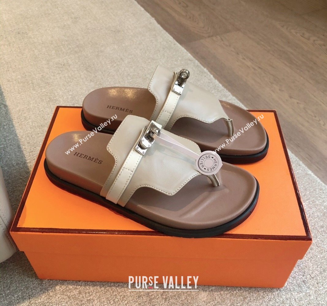 Hermes Empire Thong Slide Sandal in Calfskin with Kelly Buckle Grey 2024 (XC-240703012)