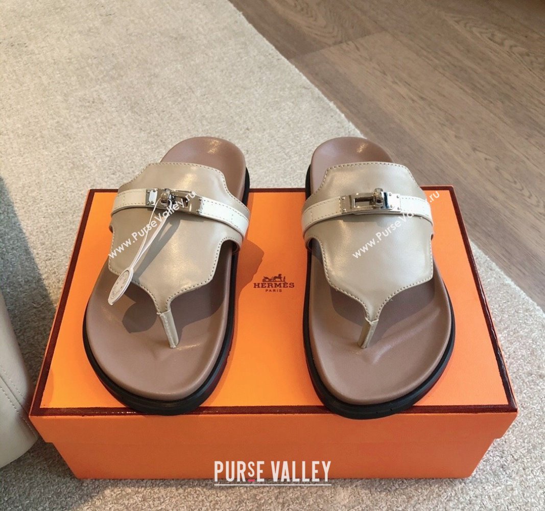 Hermes Empire Thong Slide Sandal in Calfskin with Kelly Buckle Grey 2024 (XC-240703012)