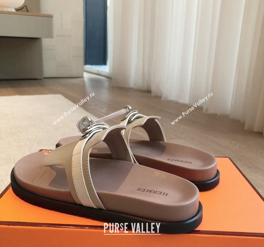 Hermes Empire Thong Slide Sandal in Calfskin with Kelly Buckle Grey 2024 (XC-240703012)