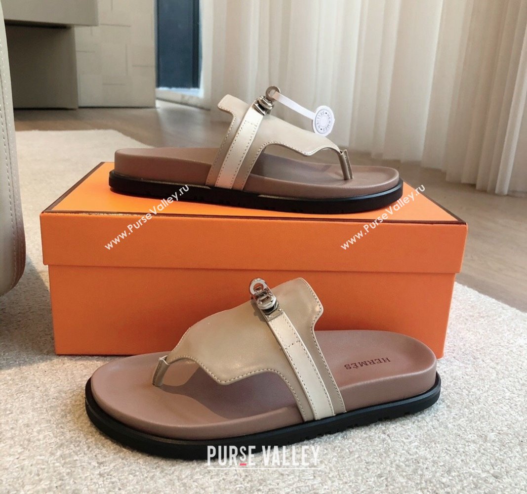 Hermes Empire Thong Slide Sandal in Calfskin with Kelly Buckle Grey 2024 (XC-240703012)