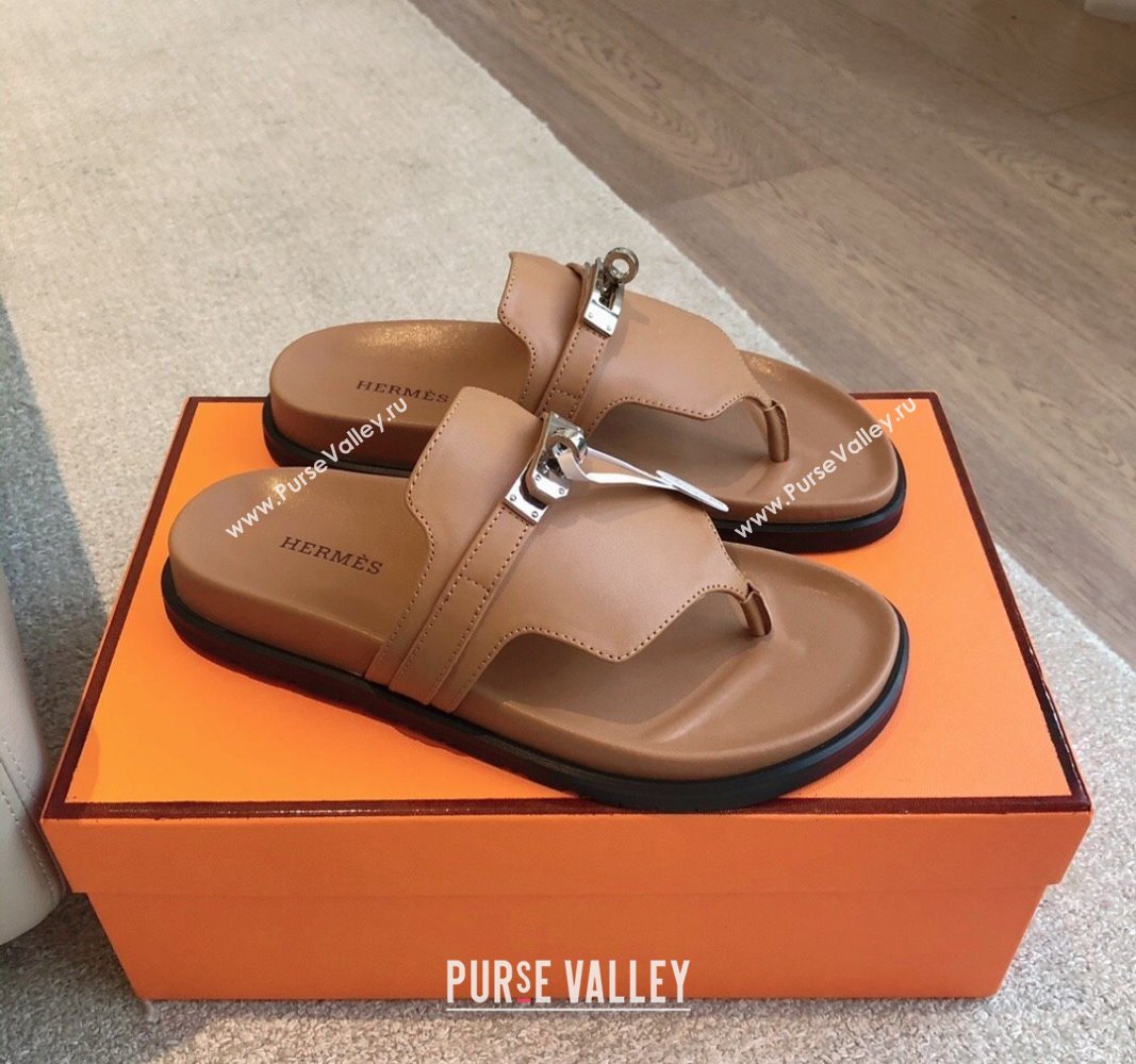 Hermes Empire Thong Slide Sandal in Calfskin with Kelly Buckle Brown 2024 (XC-240703013)