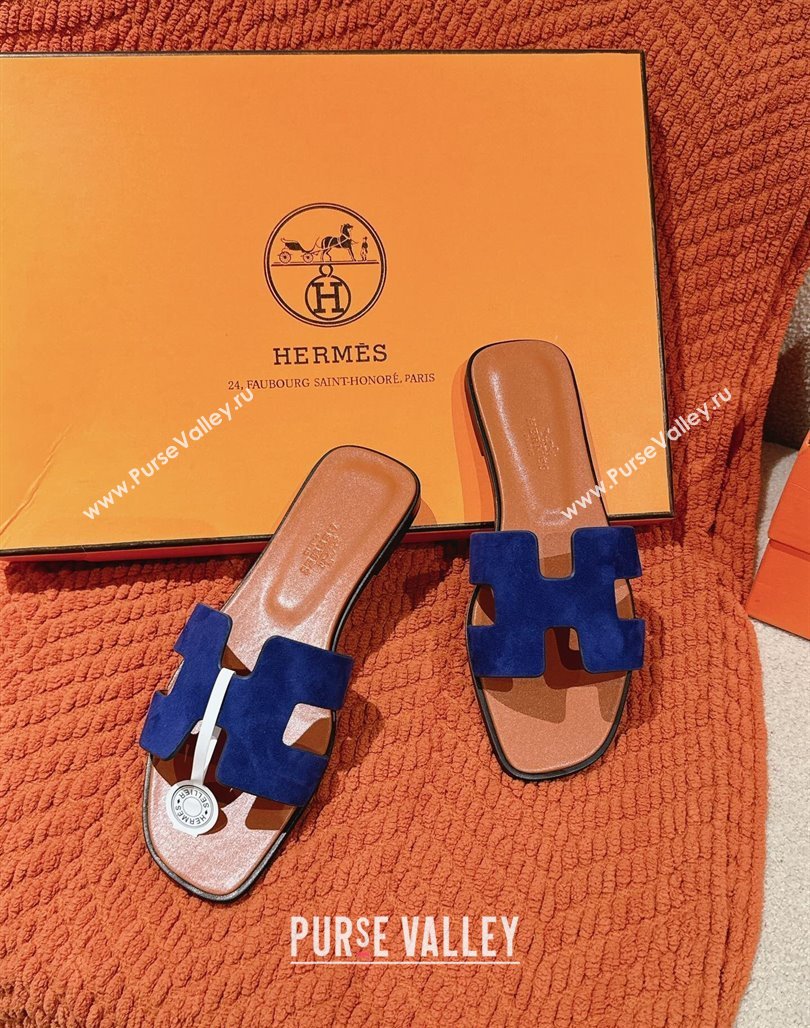 Hermes Classic Oran Flat Slide Sandals in Suede Blue 2024 0703 (MD-240703002)