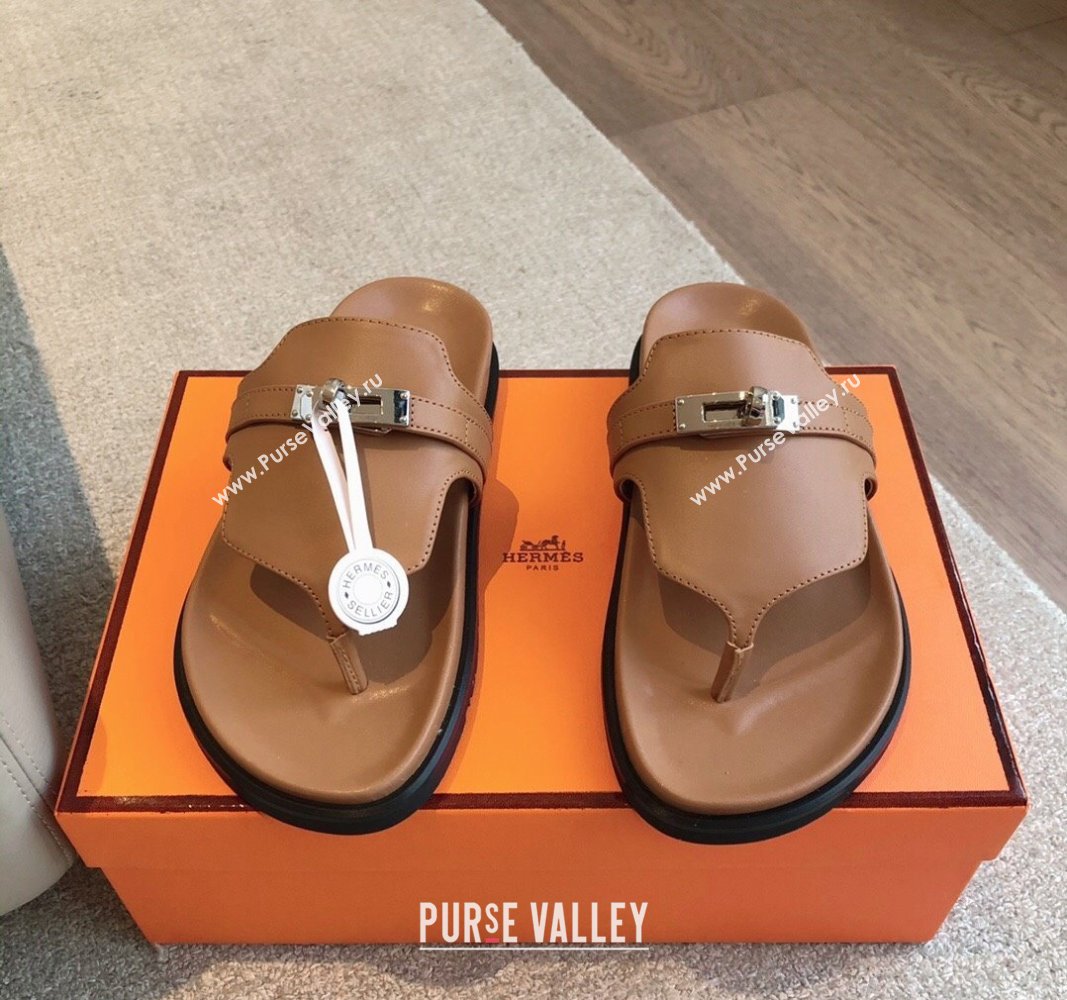 Hermes Empire Thong Slide Sandal in Calfskin with Kelly Buckle Brown 2024 (XC-240703013)