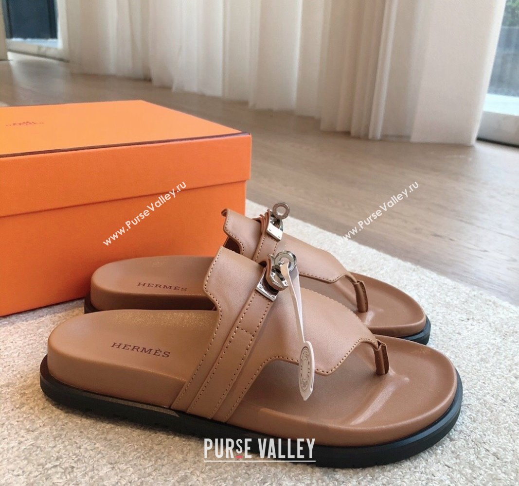 Hermes Empire Thong Slide Sandal in Calfskin with Kelly Buckle Brown 2024 (XC-240703013)