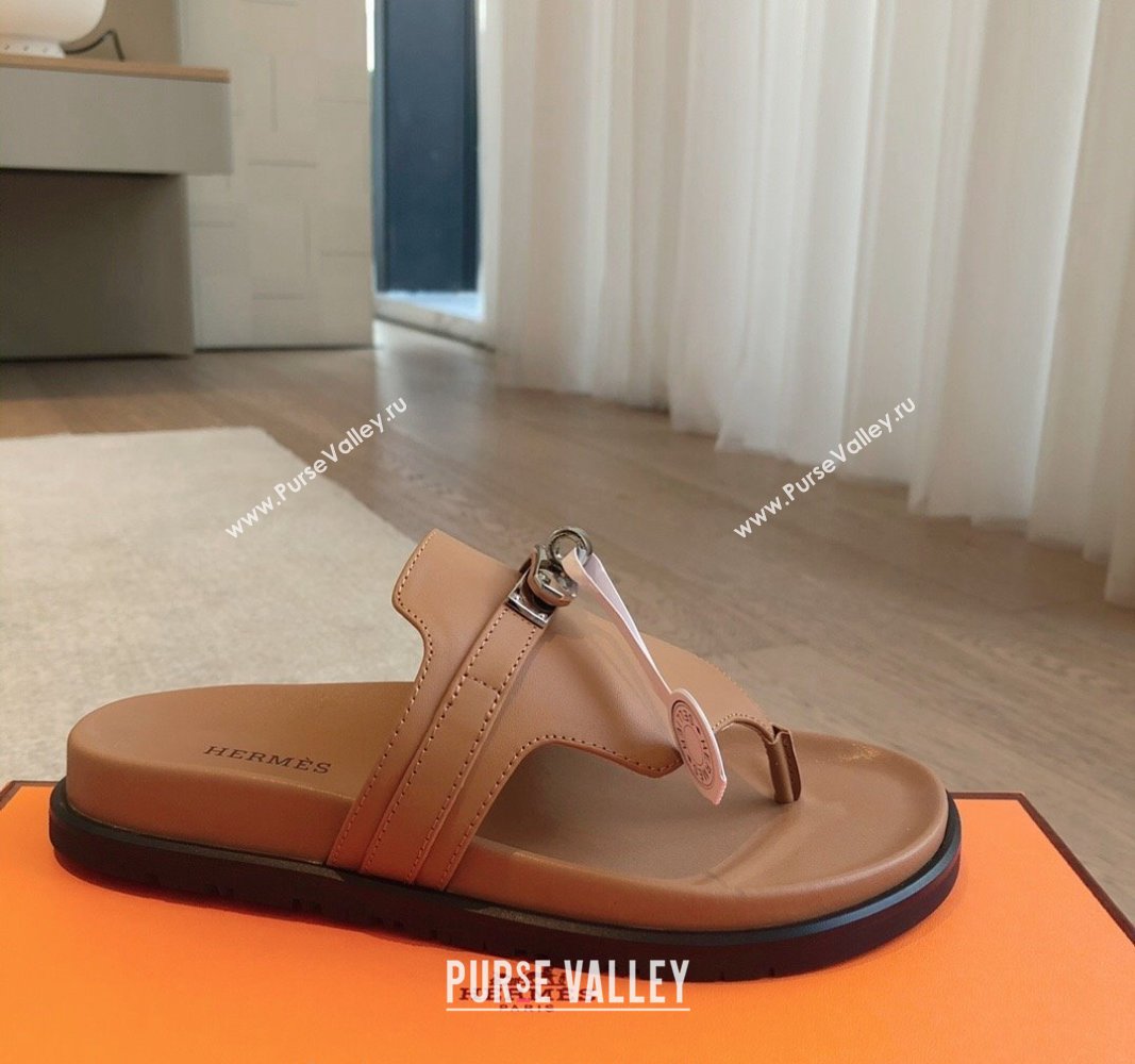 Hermes Empire Thong Slide Sandal in Calfskin with Kelly Buckle Brown 2024 (XC-240703013)