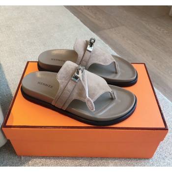 Hermes Empire Thong Slide Sandal in Suede with Kelly Buckle Dark Grey 2024 (XC-240703014)