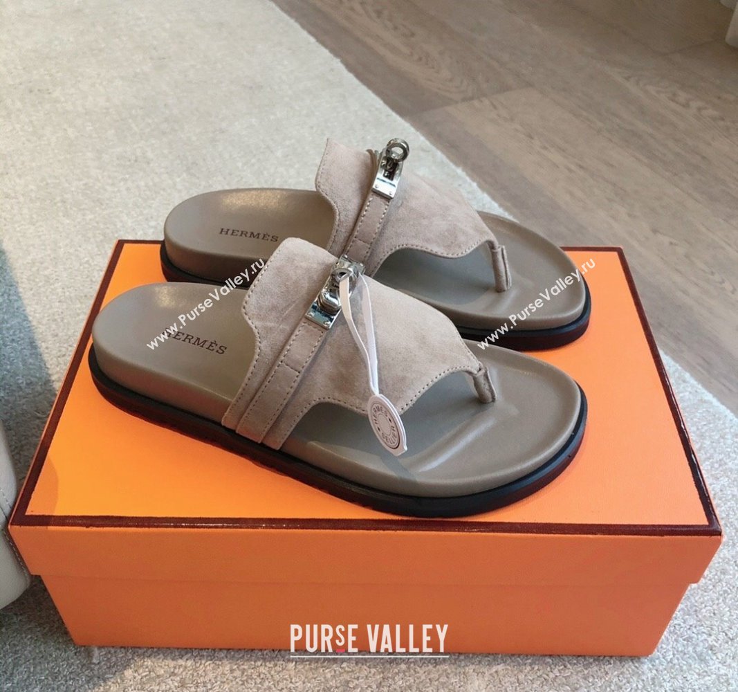 Hermes Empire Thong Slide Sandal in Suede with Kelly Buckle Dark Grey 2024 (XC-240703014)