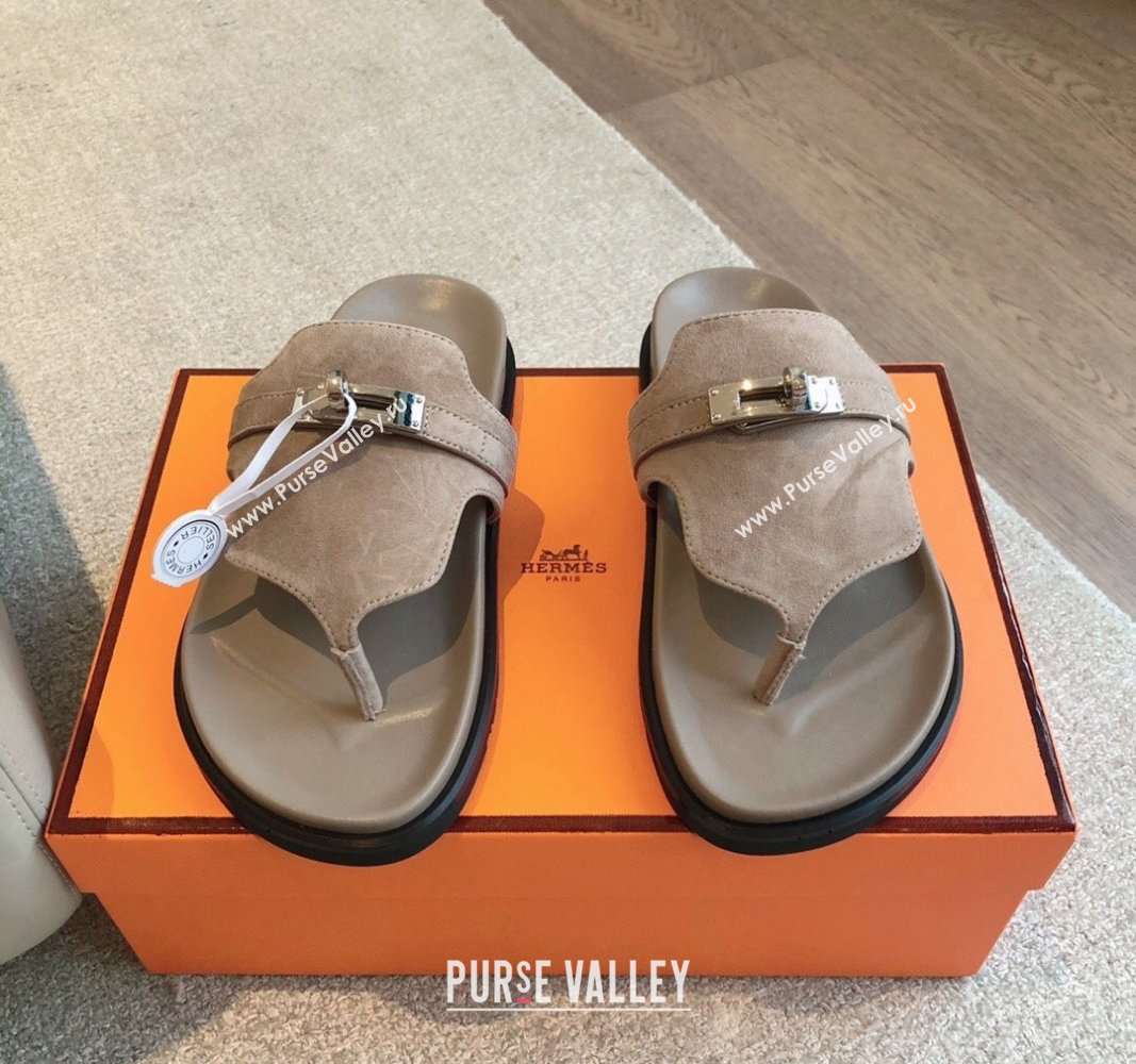 Hermes Empire Thong Slide Sandal in Suede with Kelly Buckle Dark Grey 2024 (XC-240703014)