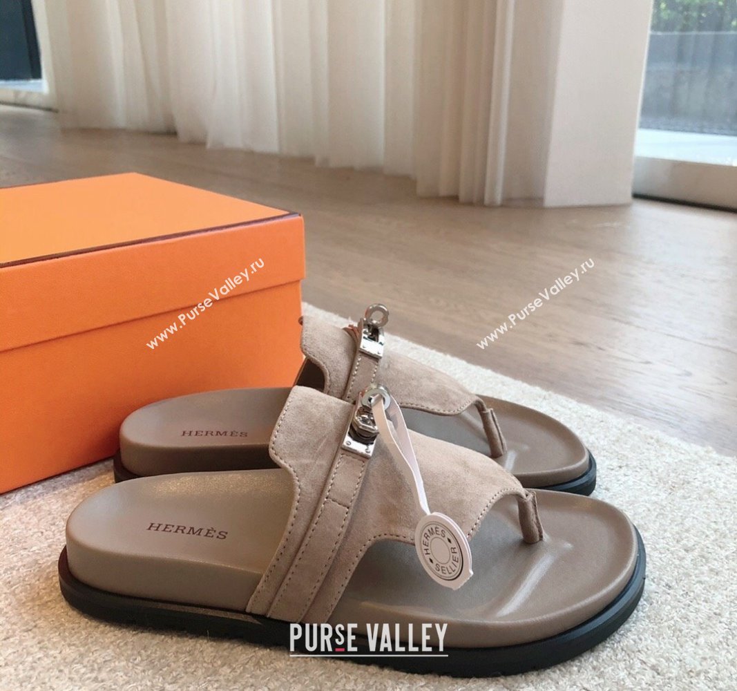 Hermes Empire Thong Slide Sandal in Suede with Kelly Buckle Dark Grey 2024 (XC-240703014)