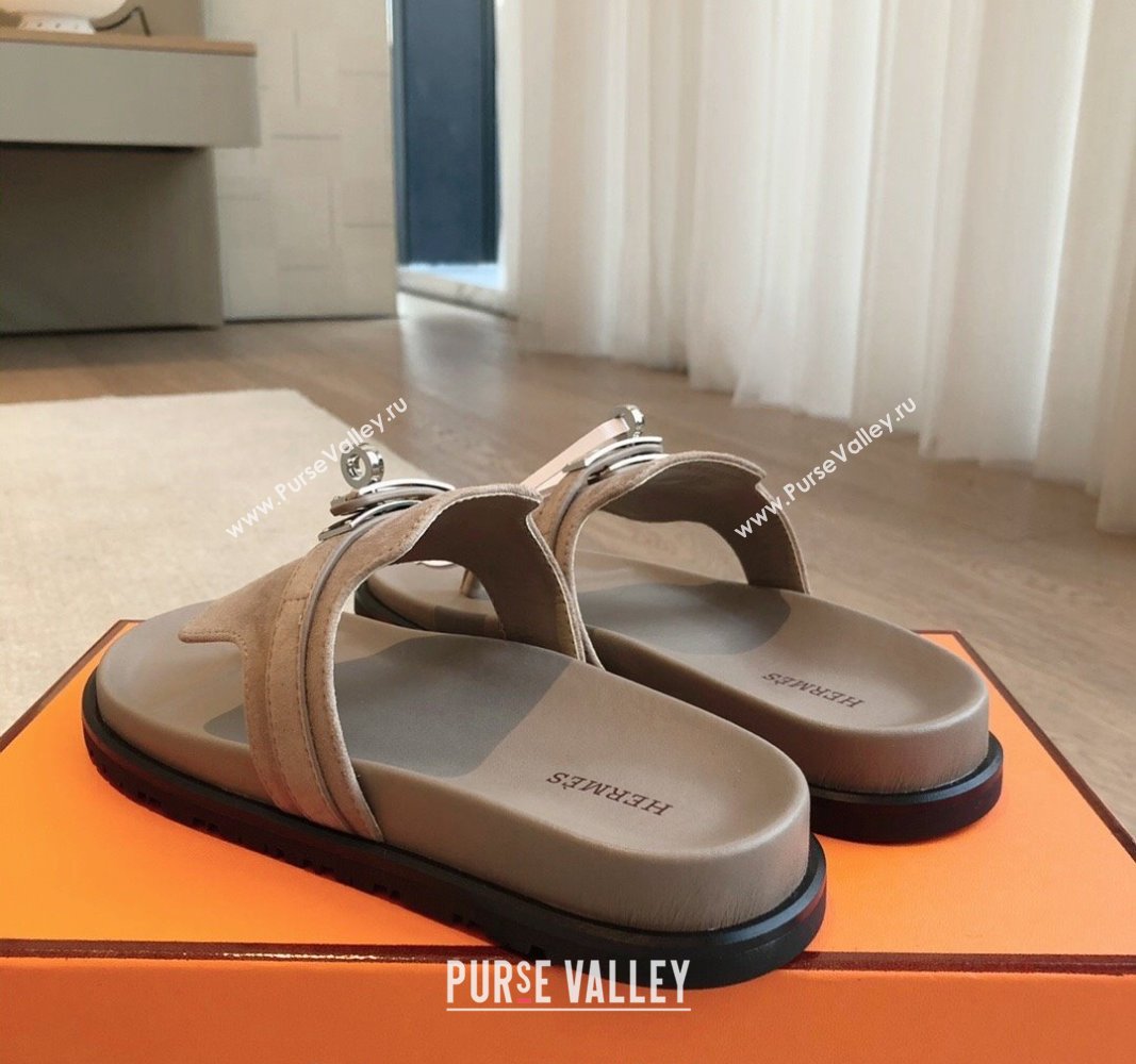 Hermes Empire Thong Slide Sandal in Suede with Kelly Buckle Dark Grey 2024 (XC-240703014)