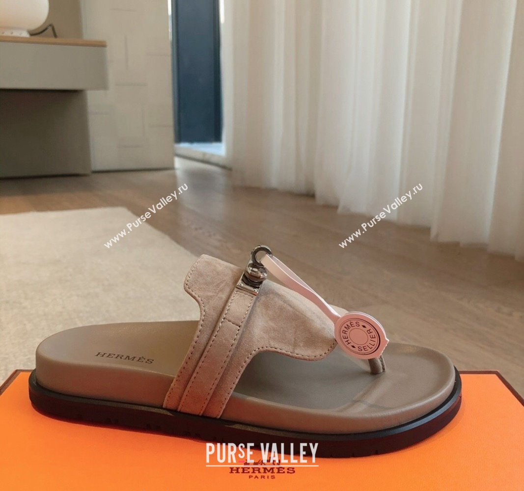 Hermes Empire Thong Slide Sandal in Suede with Kelly Buckle Dark Grey 2024 (XC-240703014)