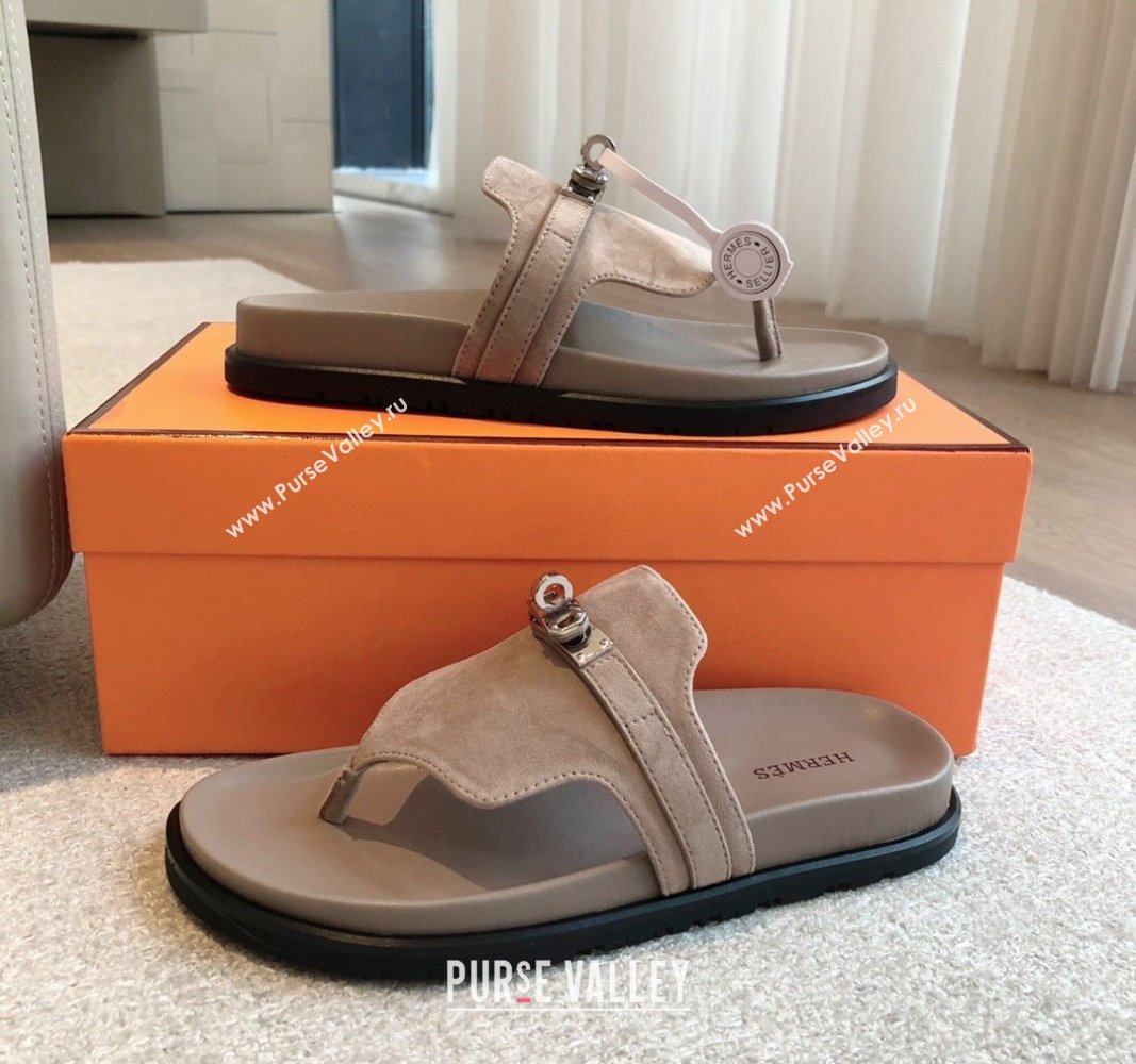 Hermes Empire Thong Slide Sandal in Suede with Kelly Buckle Dark Grey 2024 (XC-240703014)