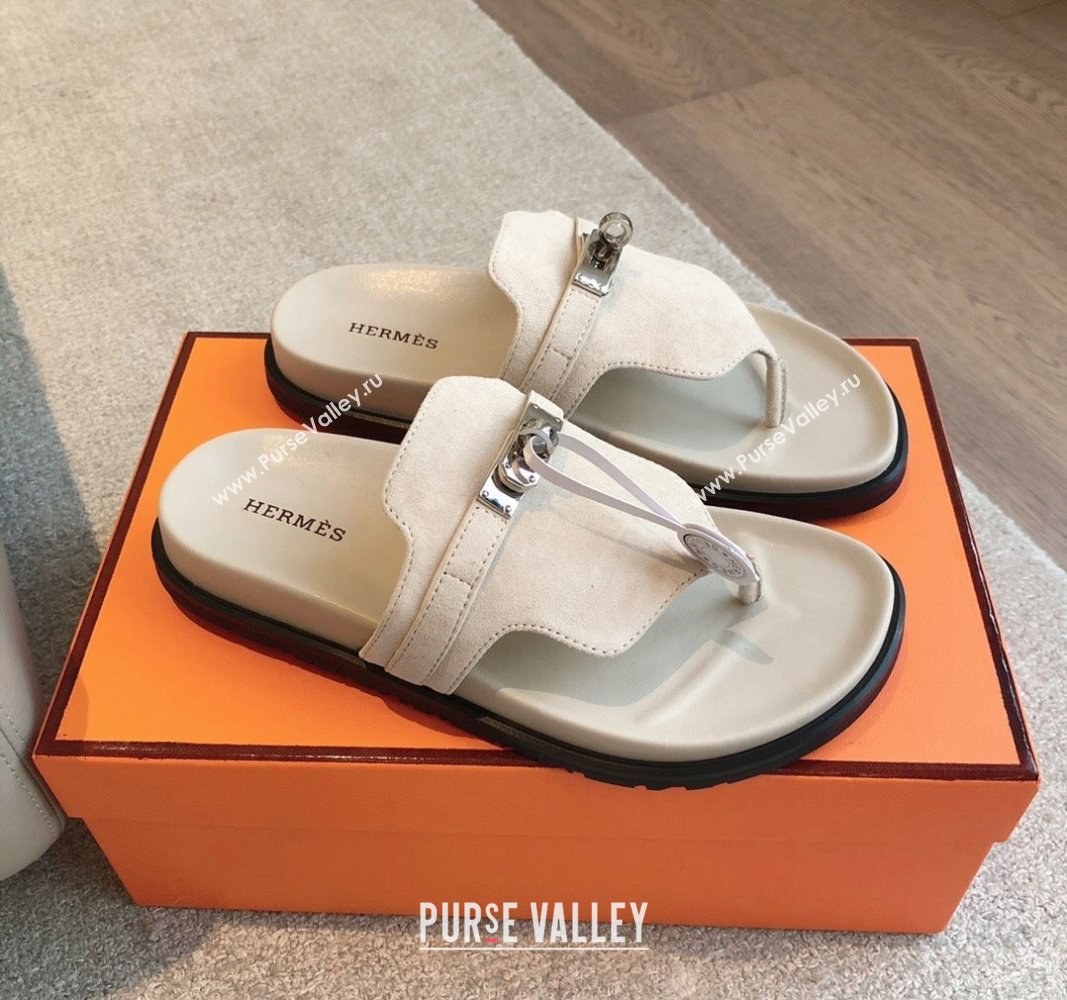 Hermes Empire Thong Slide Sandal in Suede with Kelly Buckle Cream White 2024 (XC-240703015)