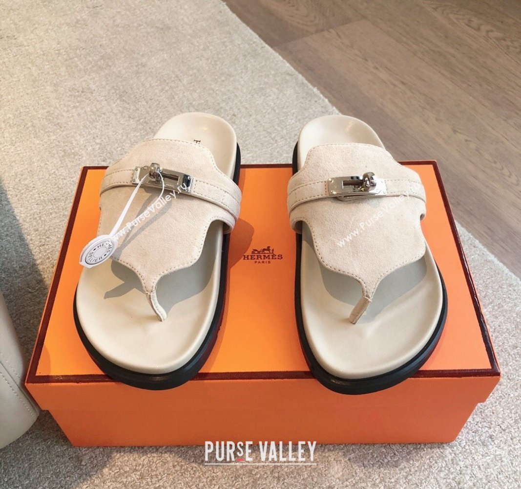 Hermes Empire Thong Slide Sandal in Suede with Kelly Buckle Cream White 2024 (XC-240703015)