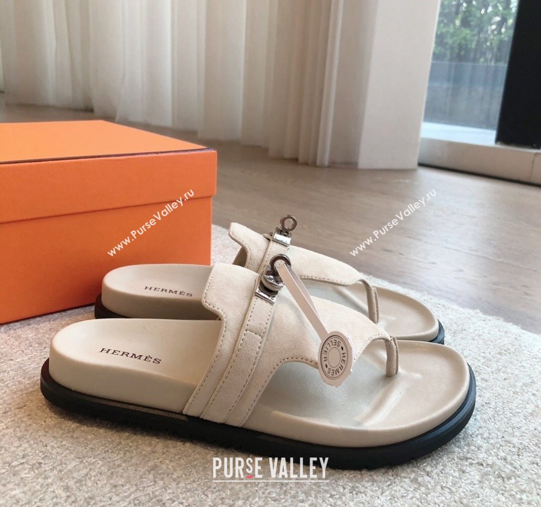 Hermes Empire Thong Slide Sandal in Suede with Kelly Buckle Cream White 2024 (XC-240703015)