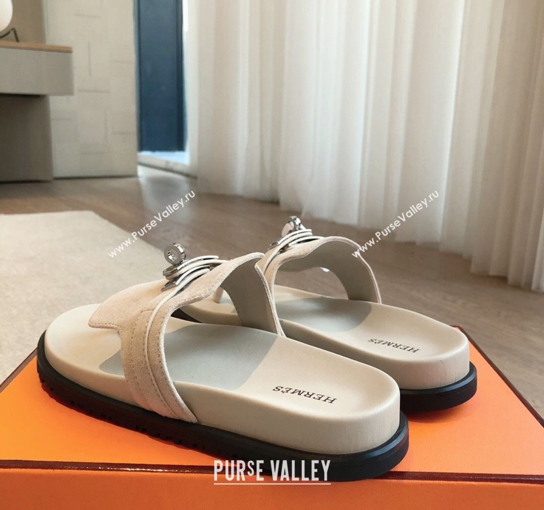 Hermes Empire Thong Slide Sandal in Suede with Kelly Buckle Cream White 2024 (XC-240703015)