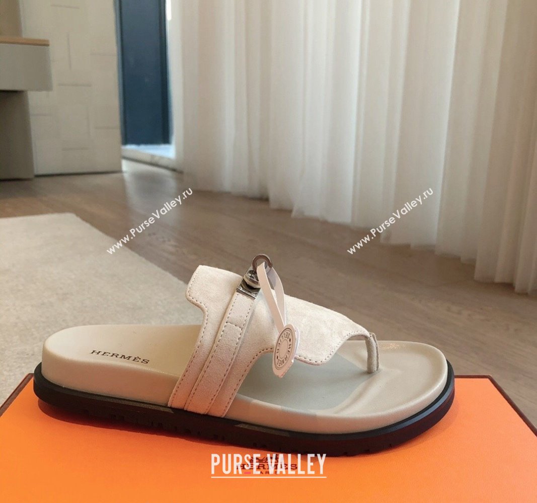 Hermes Empire Thong Slide Sandal in Suede with Kelly Buckle Cream White 2024 (XC-240703015)