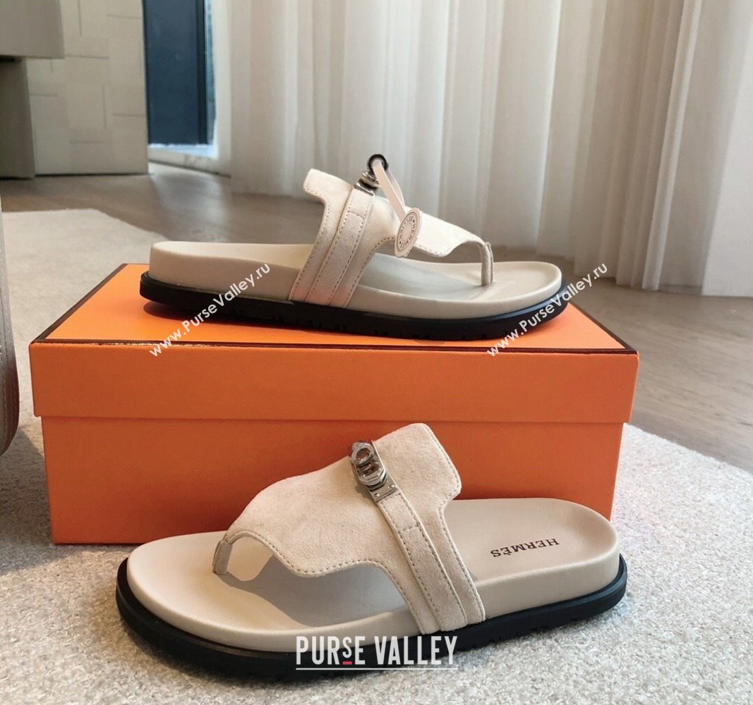 Hermes Empire Thong Slide Sandal in Suede with Kelly Buckle Cream White 2024 (XC-240703015)