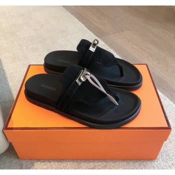 Hermes Empire Thong Slide Sandal in Suede with Kelly Buckle Black 2024 (XC-240703016)